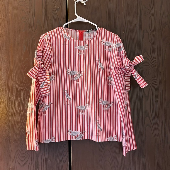 Zara Woman long sleeved red and white striped top with herons. Size Small. - Picture 1 of 8